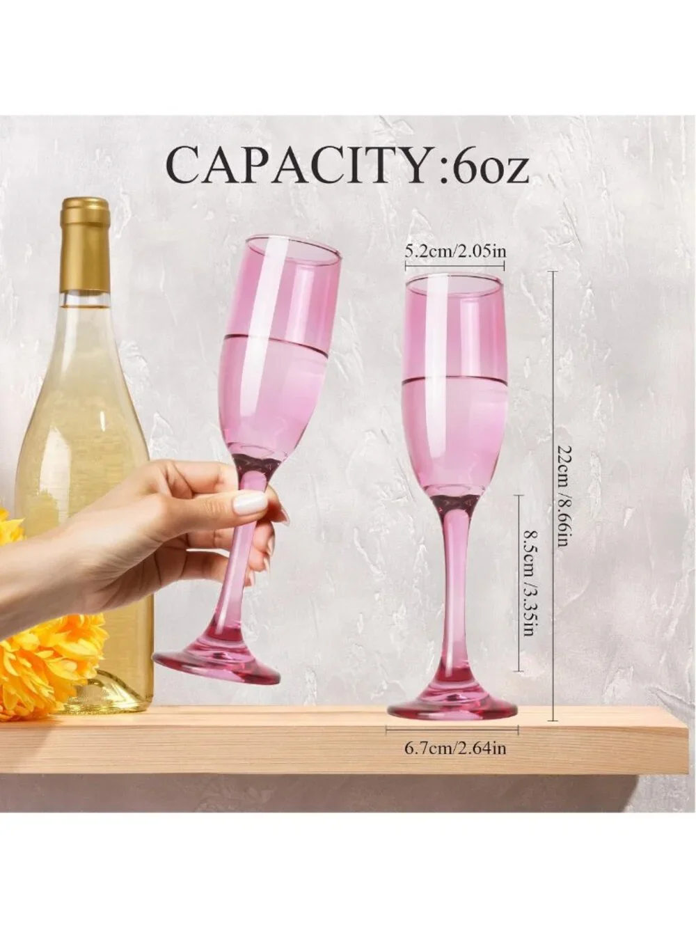 Elegant Pink Champagne Flutes Set of 6 - 6oz Long Stem Glasses for Weddings